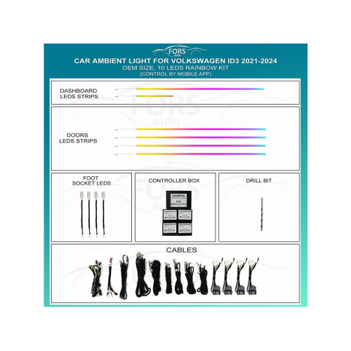 Подсветка салона FORS.auto для Volkswagen ID3 2021-2024 (Rainbow Kit)-10 LEDs Подсветка салона FORS.auto для Volkswagen ID3 2021-2024 (Rainbow Kit)-10 LEDs